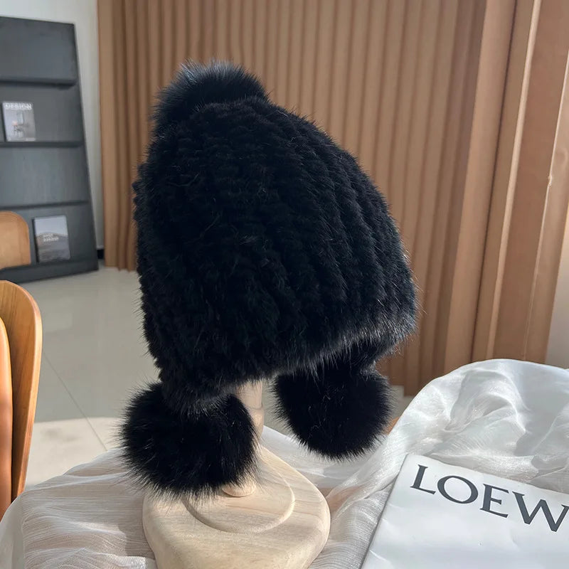 Stylish Winter Warm Mink Fur Hat with Fox Fur Pompom Beanies Cap-Winter Hats-Arimonz-Black-Arimonz