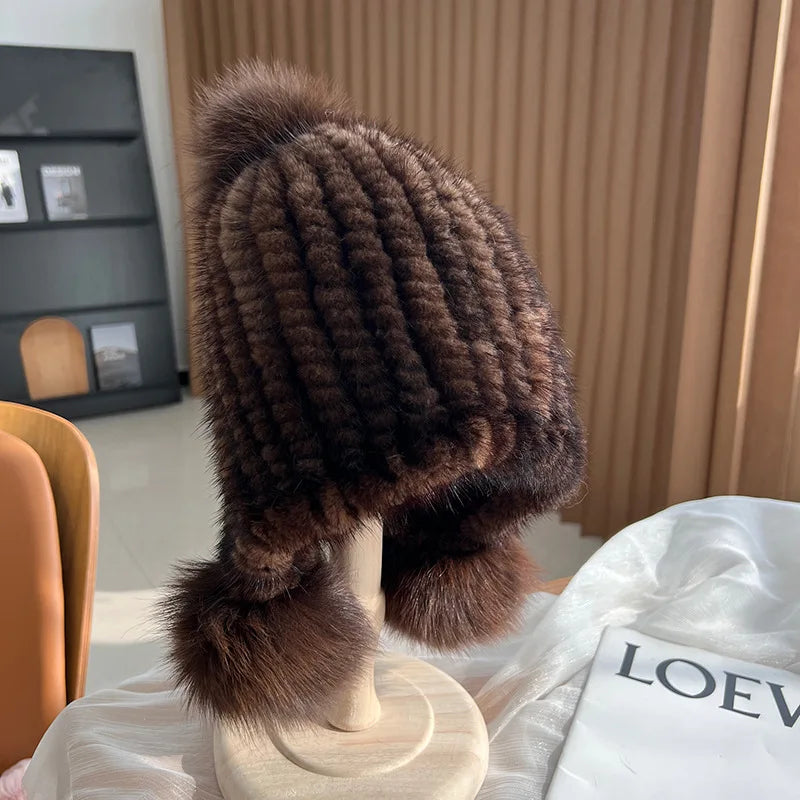 Stylish Winter Warm Mink Fur Hat with Fox Fur Pompom Beanies Cap-Winter Hats-Arimonz-Brown-Arimonz