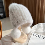Stylish Winter Warm Mink Fur Hat with Fox Fur Pompom Beanies Cap-Winter Hats-Arimonz-Cross mink white-Arimonz