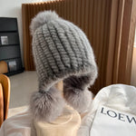 Stylish Winter Warm Mink Fur Hat with Fox Fur Pompom Beanies Cap-Winter Hats-Arimonz-Grey 2-Arimonz