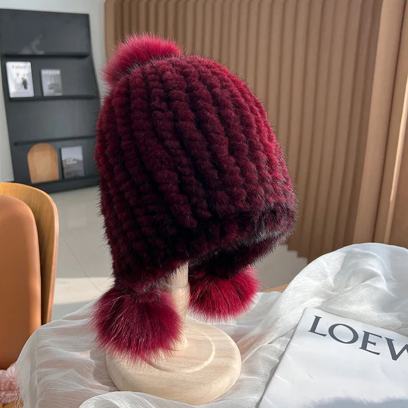 Stylish Winter Warm Mink Fur Hat with Fox Fur Pompom Beanies Cap-Winter Hats-Arimonz-Wine red-Arimonz