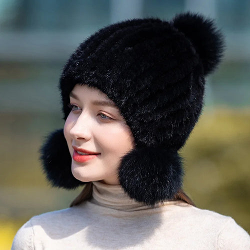Stylish Winter Warm Mink Fur Hat with Fox Fur Pompom Beanies Cap-Winter Hats-Arimonz-Arimonz