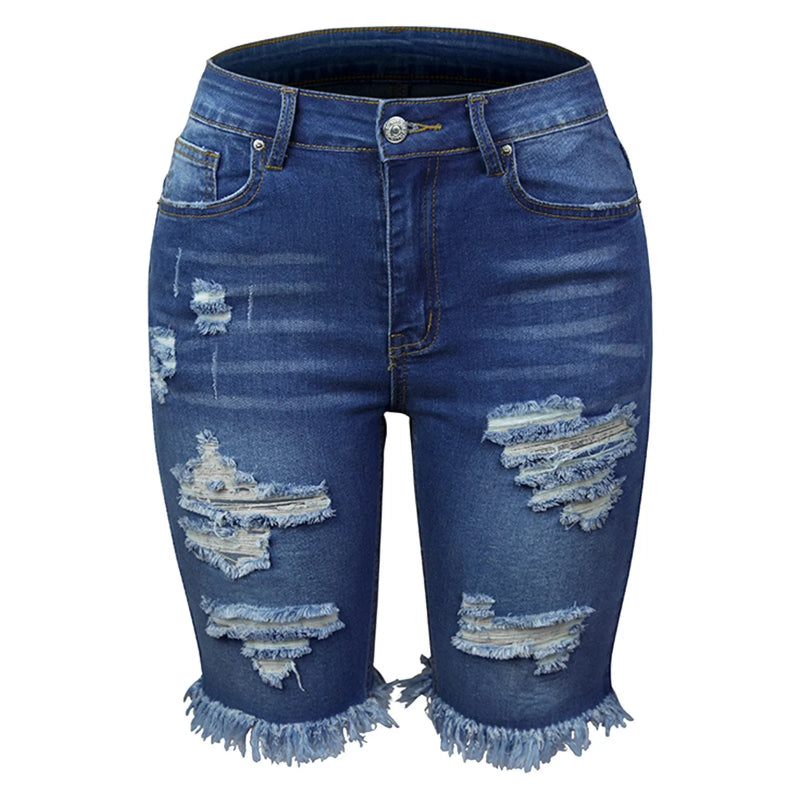Summer Denim Shorts Mid Waist Ripped Frayed Hem Stretchy Jean Shorts-Denim Shorts-Arimonz-Arimonz
