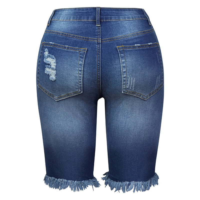 Summer Denim Shorts Mid Waist Ripped Frayed Hem Stretchy Jean Shorts-Denim Shorts-Arimonz-Arimonz