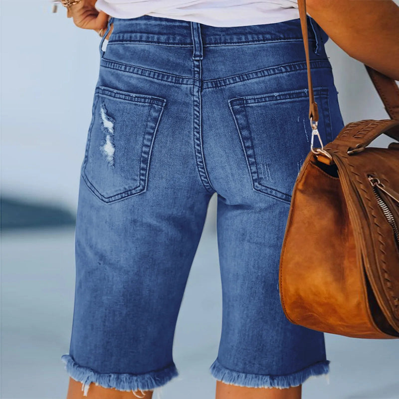 Summer Denim Shorts Mid Waist Ripped Frayed Hem Stretchy Jean Shorts-Denim Shorts-Arimonz-Arimonz