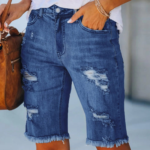 Summer Denim Shorts Mid Waist Ripped Frayed Hem Stretchy Jean Shorts-Denim Shorts-Arimonz-Blue-S-Arimonz