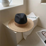 Summer Raffia Spliced Sunshade Straw Beach Hat Sunscreen Women Hat-Summer Hats-Arimonz-Black-56-58cm/22"-Arimonz