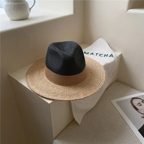 Summer Raffia Spliced Sunshade Straw Beach Hat Sunscreen Women Hat-Summer Hats-Arimonz-Black-56-58cm/22"-Arimonz