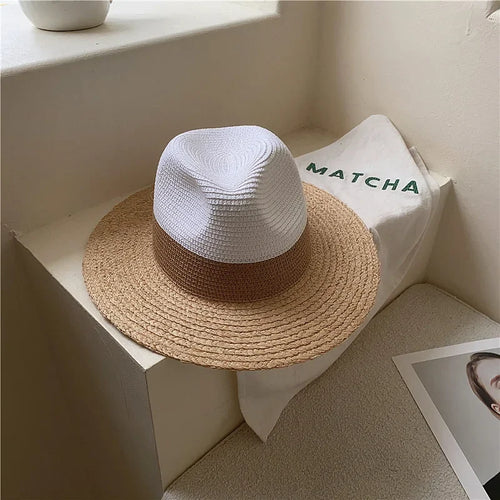 Summer Raffia Spliced Sunshade Straw Beach Hat Sunscreen Women Hat-Summer Hats-Arimonz-White-56-58cm/22"-Arimonz