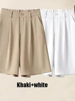 Summer Shorts Loose Ventilate Solid High Waisted Short for Women-Shorts-Arimonz-Khaki and white-S-Arimonz