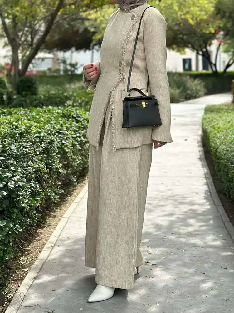 Tassel Design Asymmetric Button Fit Blazer and High Waist Loose Pants-Wear To Work Sets-Arimonz-Arimonz