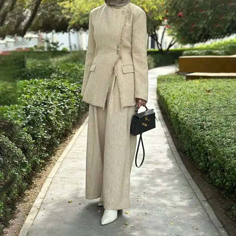 Tassel Design Asymmetric Button Fit Blazer and High Waist Loose Pants-Wear To Work Sets-Arimonz-Beige-S(US-4)-Arimonz
