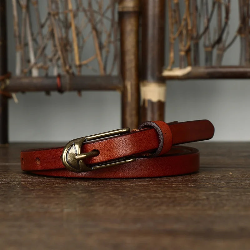 Thin Genuine Leather Belt Cowskin Waistband with Copper Pin Buckle-Belts-Arimonz-Arimonz