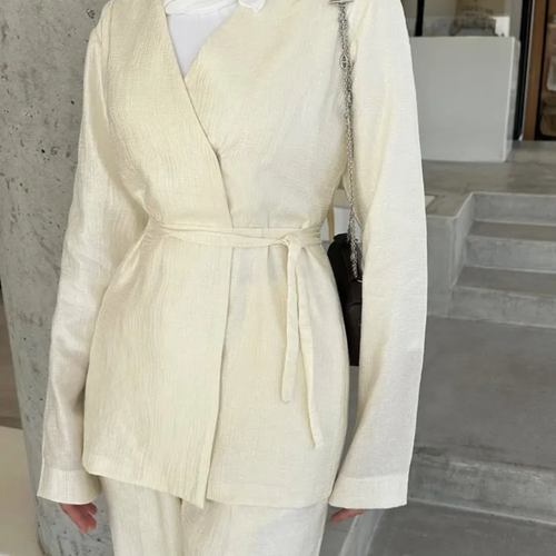 Tie-Front Two Piece Outfit Wide Leg and Blazer Suit Spring Office Chic-Wear To Work Sets-Arimonz-Arimonz