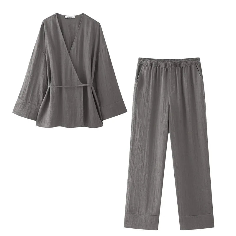 Tie-Front Two Piece Outfit Wide Leg and Blazer Suit Spring Office Chic-Wear To Work Sets-Arimonz-Arimonz