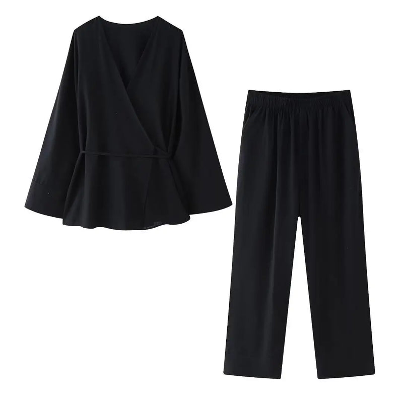 Tie-Front Two Piece Outfit Wide Leg and Blazer Suit Spring Office Chic-Wear To Work Sets-Arimonz-Black Suit-XS-Arimonz