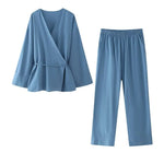 Tie-Front Two Piece Outfit Wide Leg and Blazer Suit Spring Office Chic-Wear To Work Sets-Arimonz-Blue Suit-XS-Arimonz