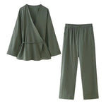 Tie-Front Two Piece Outfit Wide Leg and Blazer Suit Spring Office Chic-Wear To Work Sets-Arimonz-Dark Green Suit-XS-Arimonz