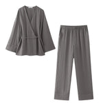 Tie-Front Two Piece Outfit Wide Leg and Blazer Suit Spring Office Chic-Wear To Work Sets-Arimonz-Dark Grey Suit-XS-Arimonz