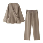 Tie-Front Two Piece Outfit Wide Leg and Blazer Suit Spring Office Chic-Wear To Work Sets-Arimonz-Dark Khaki Suit-XS-Arimonz