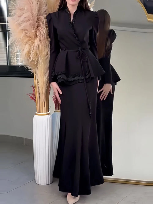 Tie up Slim Fit Patchwork V-neck Long Sleeved Top and Long Skirt Set-Wear To Work Sets-Arimonz-Arimonz