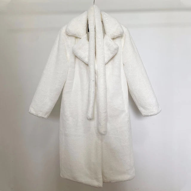 Winter Long Overcoat Women Oversized Lapel Belted Faux Rabbit Fur Coat