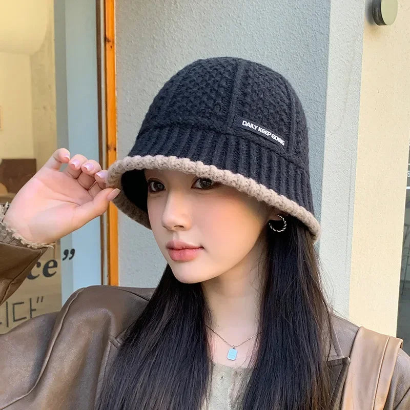 Winter Knitted Bucket Hat Warm Beanie for Women in Retro Style