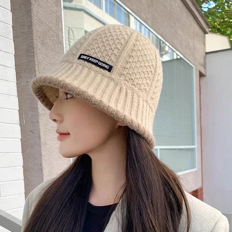 Winter Knitted Bucket Hat Warm Beanie for Women in Retro Style