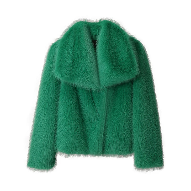 Luxury Chic Faux Fox Fur Winter Coat with Big Collar Fashion Jacket