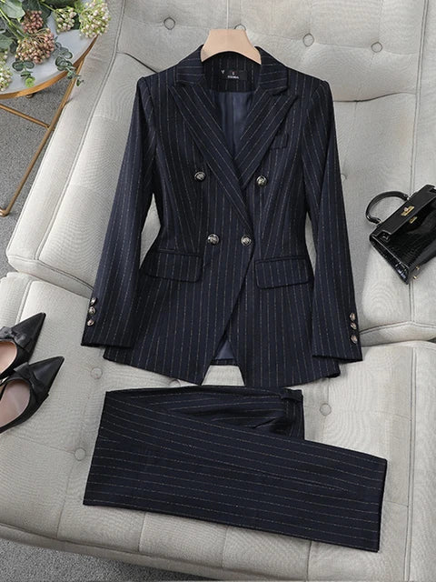 Women Double breasted Collar Sport Jacket Elegant Pant Set Office Set