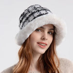 Houndstooth Winter Fur Women Bucket Hat Warm Windproof Cap