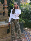 Leopard Flared Pants Women Street Button Zippers Pocket Female Trouser