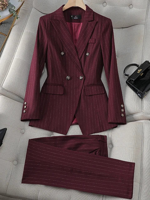 Women Double breasted Collar Sport Jacket Elegant Pant Set Office Set