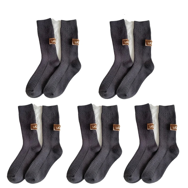 Cashmere Wool 5 pairs Socks Solid Warm Embroidered Mid Calf Socks