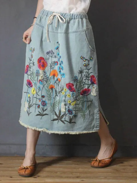 Vintage Loose Embroidery Denim Skirt Ladies Casual Floral Streetwear