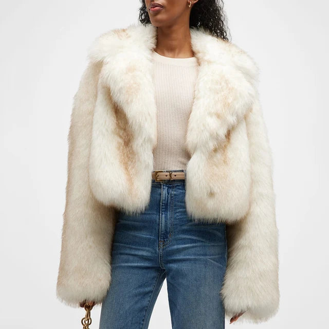 Gradient Cropped Fluffy Fur Jacket Chic Thicken Faux Fox Fur Outerwear