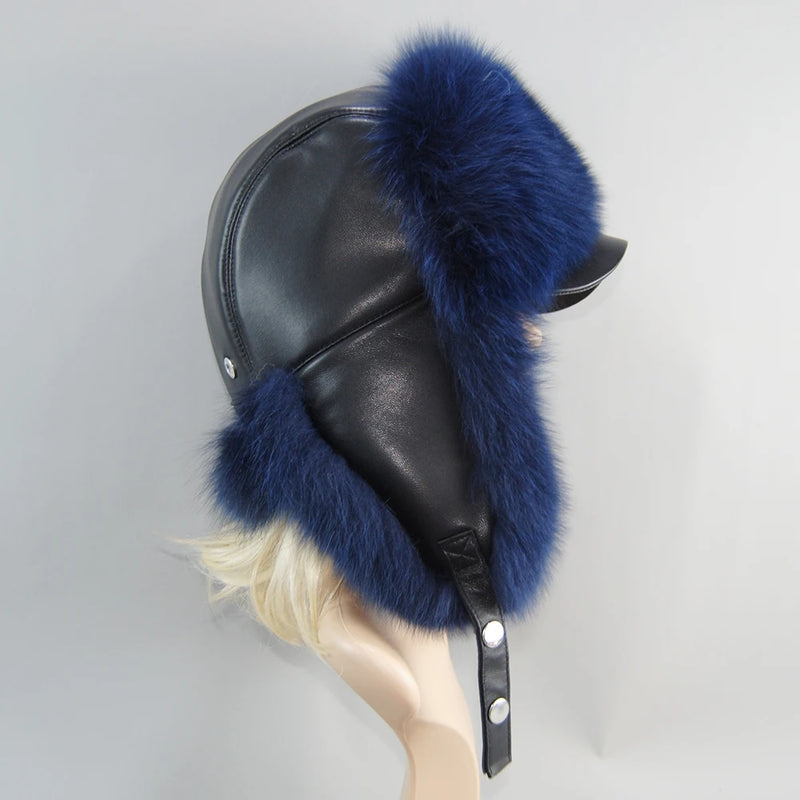 Real Leather Fox Fur Women Hat Snow Skiing Earflap Winter Outdoor Cap