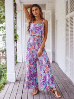 Elegant Long Jumpsuit Women Backless Wide Leg Jumpsuit Floral Romper