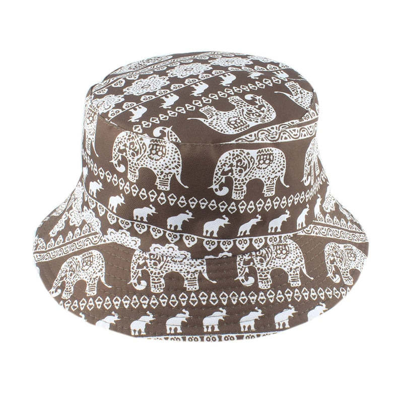 Retro Elephant Print Bucket Hat Reversible Summer Panama Beach Cap