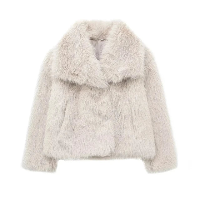 Women Casual Faux Fur Jackets Turn Down Collar Elegant Thick Coat