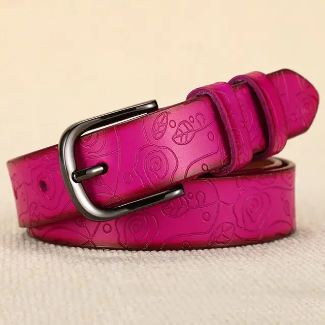 Floral Pattern Rose Genuine Leather Belt Women Pin Buckle Metal Belt