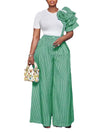 Stripe Print Flower Ruffle Sleeve Shirt Top and Wide Leg Pants 2pc Set