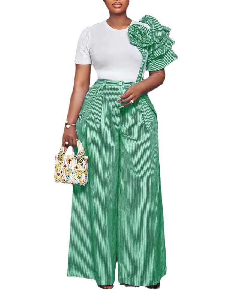 Stripe Print Flower Ruffle Sleeve Shirt Top and Wide Leg Pants 2pc Set