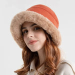 Houndstooth Winter Fur Women Bucket Hat Warm Windproof Cap