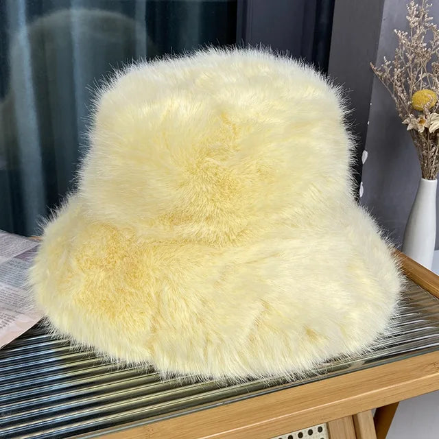 Fluffy Faux Fur Bucket Hats Women Warm Thick Plush Winter Hat