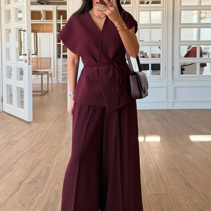 Loose Lace Up V-neck Short Sleeve Shirt Pleated Wide Leg Pants Set