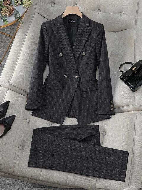 Women Double breasted Collar Sport Jacket Elegant Pant Set Office Set