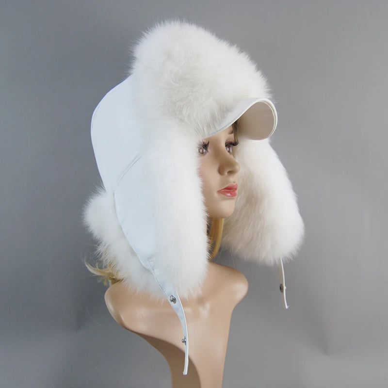 Real Leather Fox Fur Women Hat Snow Skiing Earflap Winter Outdoor Cap