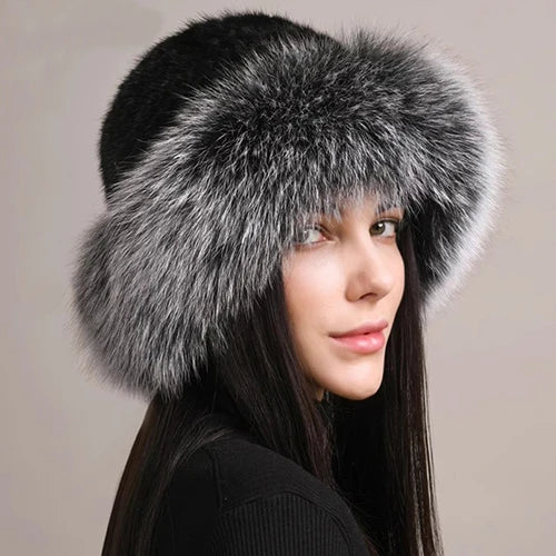 Natural Knitted Mink Fur Hat Cap Women Handmade Knit Headwear Beanies