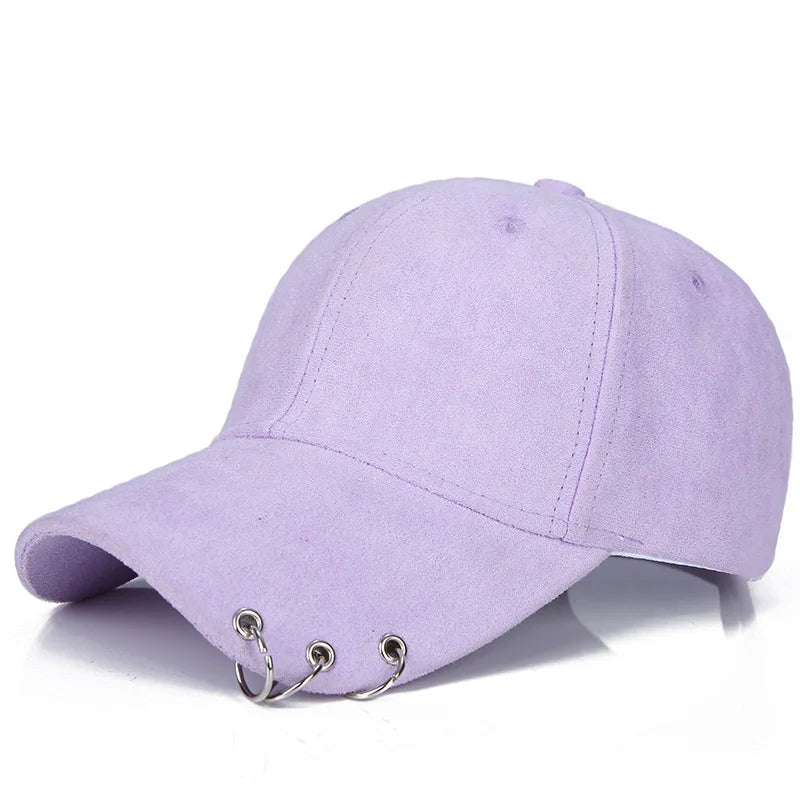 Plain Suede Baseball Cap with Iron Ring Adjustable Peaked Snapback Hat